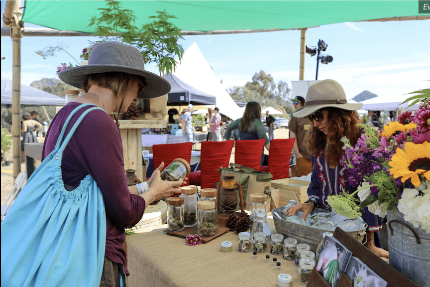 A farmer's market scene with two women browsing a stall that displays various jars and vials of herbs beside flowers and pine cones. Both are wearing wide-brimmed hats. Other people and stalls are visible in the background under a shaded canopy, some discussing the latest taxation on cannabis products. CA Norml