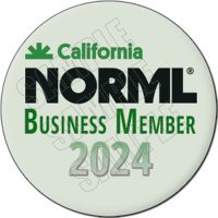 A circular badge displays the text "California NORML Business Member 2024" in green and black letters. The word "SAMPLE" is faintly printed diagonally across the badge, highlighting its significance as a special mark of distinction for deeproots partners. CA Norml