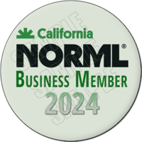 A circular badge with a white background features the words "California NORML Business Member 2024" in bold, dark green and black letters. A small, green emblem appears above "California." The word "SAMPLE" is diagonally stamped across the badge. Members receive additional benefits, including a media kit. CA Norml