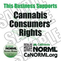 Image of a business support badge with text reading "This Business Supports Cannabis Consumers' Rights." Includes logos for California NORML Business Member 2024 and California NORML, with a QR code and website URL CaNORML.org. Special partners highlight deep roots in advocacy. Background features faint "SAMPLE" text. CA Norml