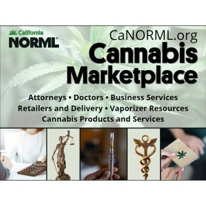 A promotional poster for the Cannabis Marketplace by CaNORML.org, highlighting services such as attorneys, doctors, business services, retailers, delivery, vaporizer resources, and cannabis products. Special icons show various professional tools and symbols related to these services, emphasizing our trusted partners with deep roots in the industry. CA Norml