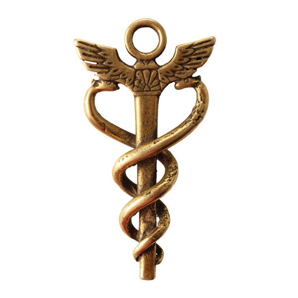 A bronze caduceus symbol featuring two snakes coiled around a winged staff, often associated with doctors. The design is intricate, displaying detailed scales on the snakes and feathered wings extending from the top of the staff. The entire symbol appears polished and shiny. CA Norml