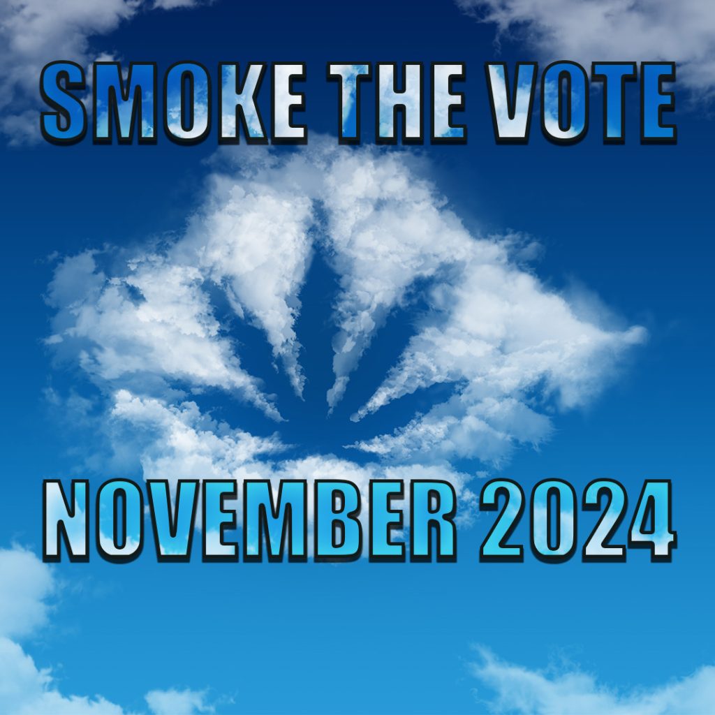 A cloud shaped like a cannabis leaf drifts across the blue sky, with "Smoke the Vote" boldly above it and "November 2024" below, hinting at changes in California cannabis laws. CA Norml