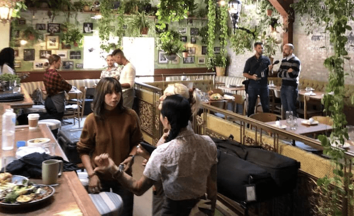 A cozy cannabis cafe with people engaged in conversation.