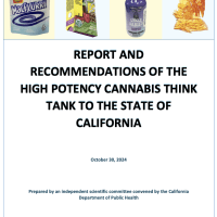 Cover page of a CDPH report titled "REPORT AND RECOMMENDATIONS OF THE HIGH POTENCY CANNABIS THINK TANK TO THE STATE OF CALIFORNIA," dated October 30, 2024. Features images of cannabis products with THC percentages and insights from the California Department of Public Health. CA Norml