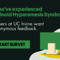 Illustration of a person wearing headphones looking at a computer. Text reads: "Think you’ve experienced Cannabis Hyperemesis Syndrome? Researchers at UC Irvine want your anonymous feedback." Green button reads: "Start Survey." Learn more with the Fact Sheet from NORML. CA Norml