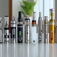 A variety of vape pens, reminiscent of a study in contrasts, are displayed in a row on a table. They differ in size, shape, and color—some featuring buttons and digital displays. A blurred background with a plant is visible. CA Norml