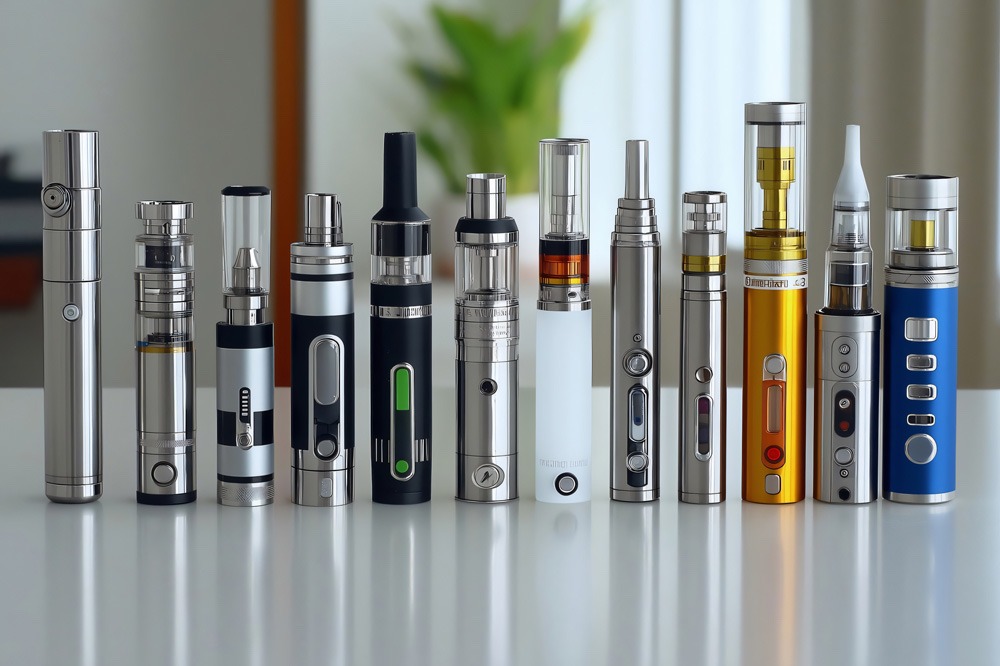 A variety of vape pens, reminiscent of a study in contrasts, are displayed in a row on a table. They differ in size, shape, and color—some featuring buttons and digital displays. A blurred background with a plant is visible. CA Norml