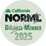 The image showcases a California NORML badge, proudly labeled "Business Member 2025" with the word "Sample" across it, symbolizing esteemed membership within the community. CA Norml